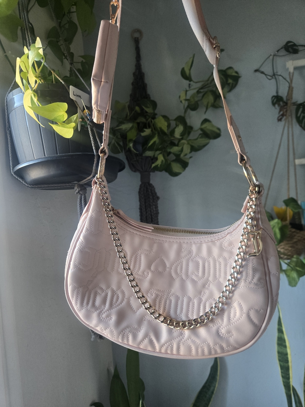 Women’s Pink Quilted Shoulder Bag with Chain Accent